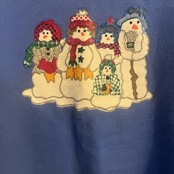 Vintage Blue Crewneck Sweatshirt with Snowman Family Embroidery - Picture 2 of 4